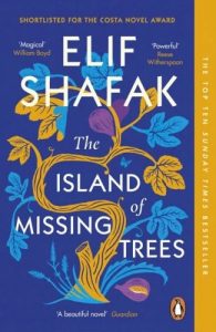 The cover of The Island of Missing Trees by Elif Shafak, featuring a stylised fig tree in amber and blue with purple figs
