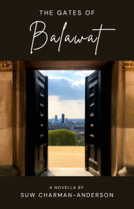 The Gates of Balawat ebook cover – an open temple door leading out to a view of London in the distance.