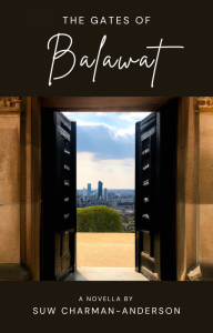 The Gates of Balawat ebook cover – an open temple door leading out to a view of London in the distance. 
